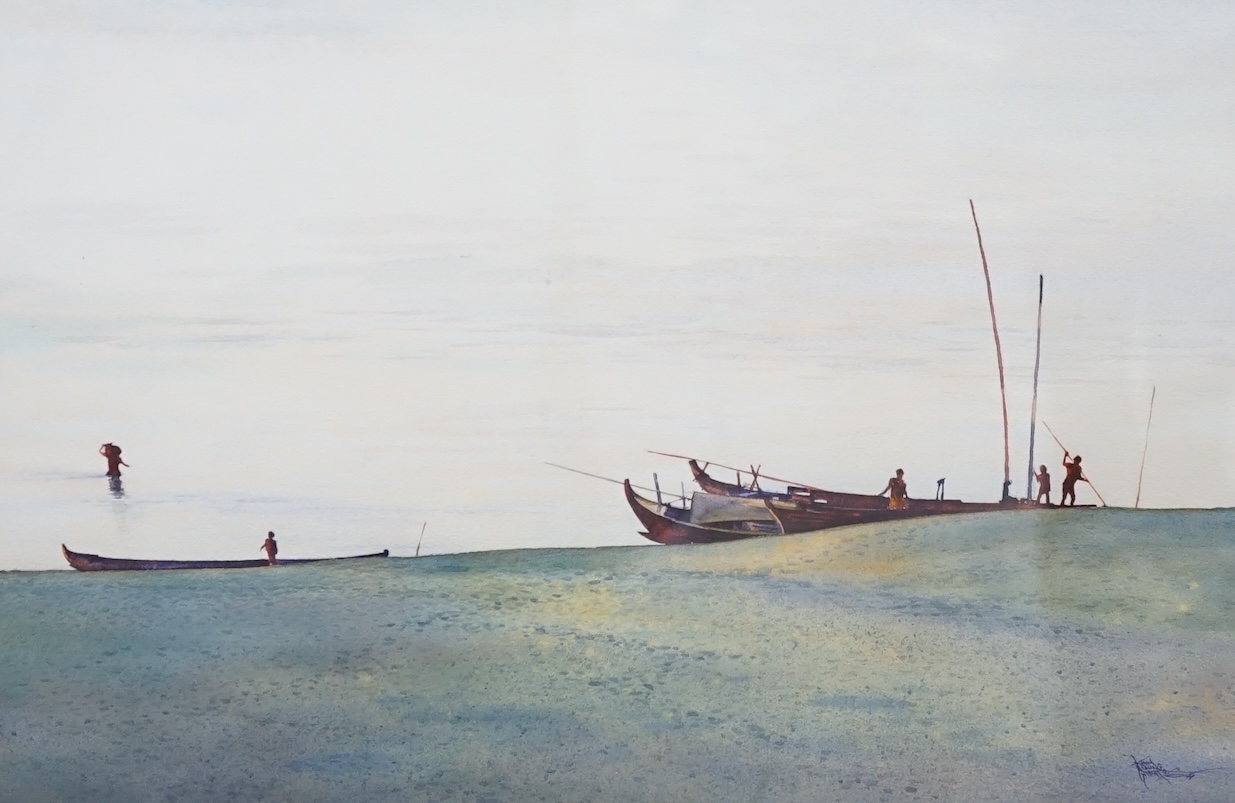 Khin Maung Myint, watercolour, Fisherman on the beach, 34 x 49cm. Condition - fair